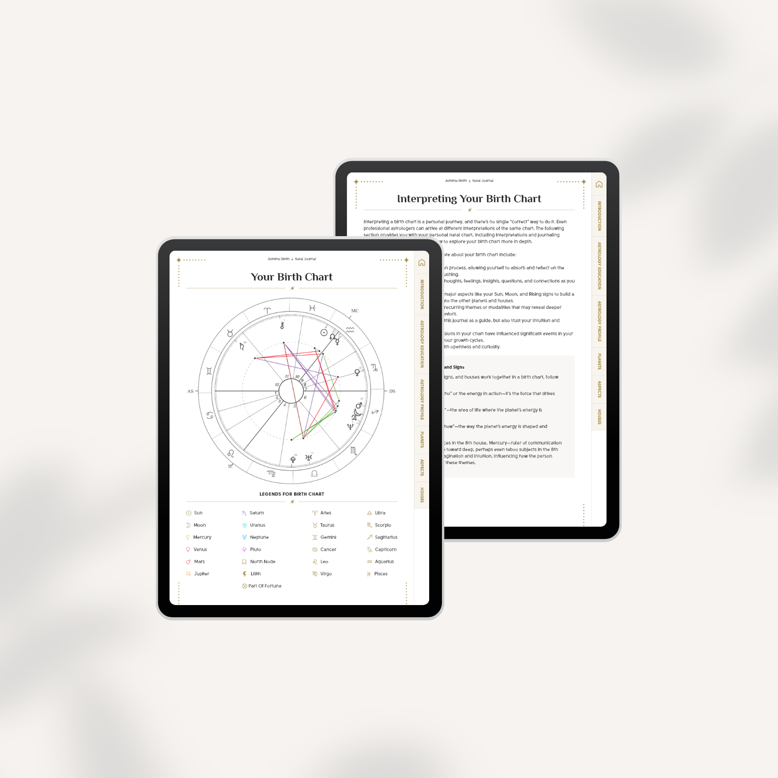 The Astrology of You in two tablets displaying the birth chart screens