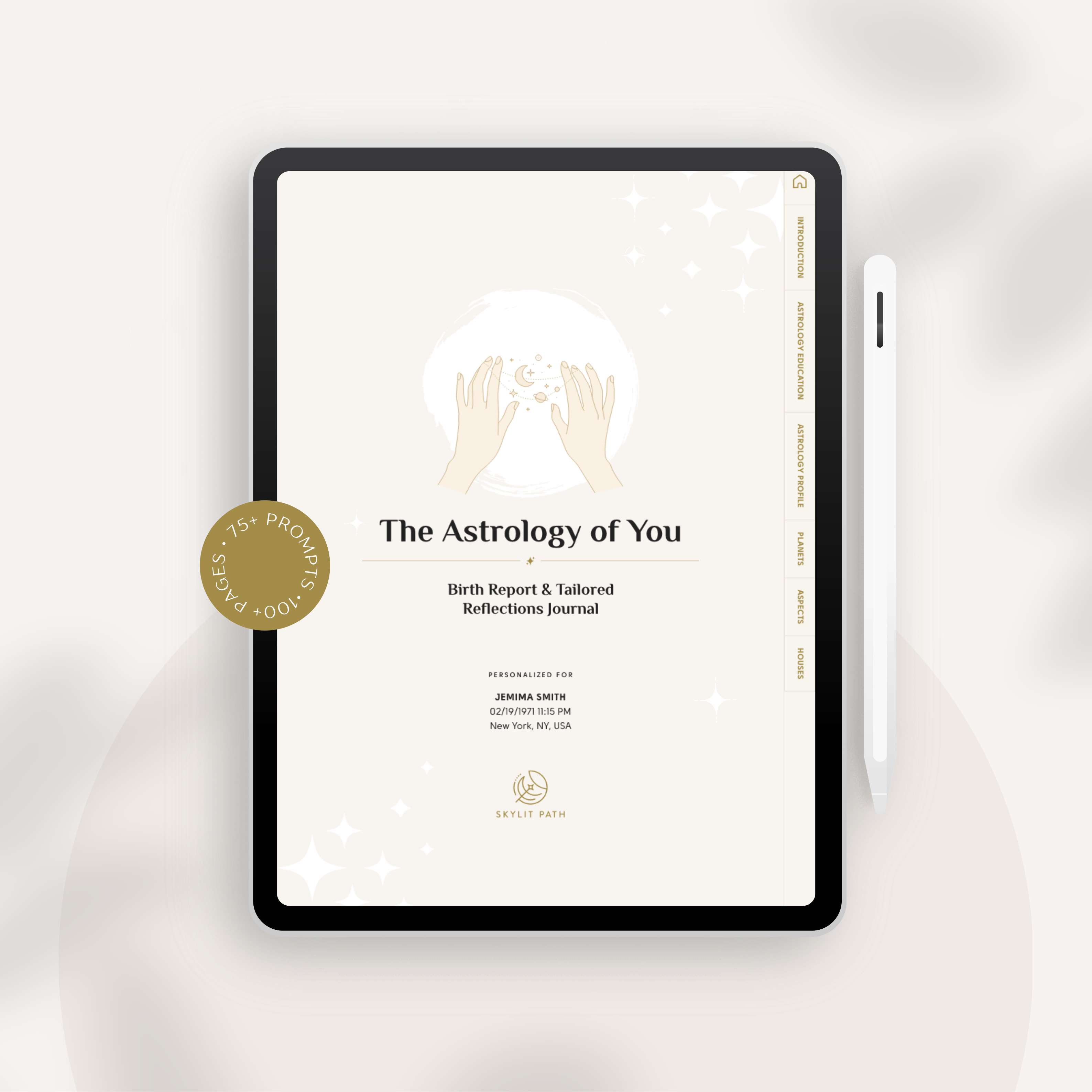 The Astrology of You journal in a tablet promoting over 100 pages and over 75 reflection prompts